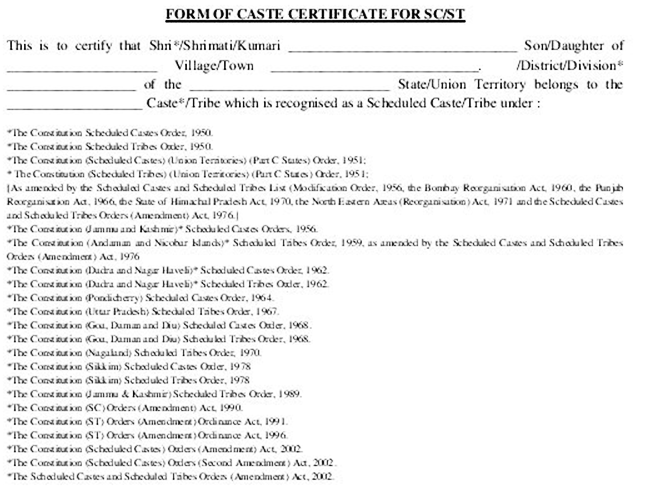 Form of Caste Certificate for SC