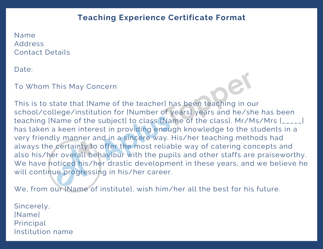 Teaching Experience Certificate Format