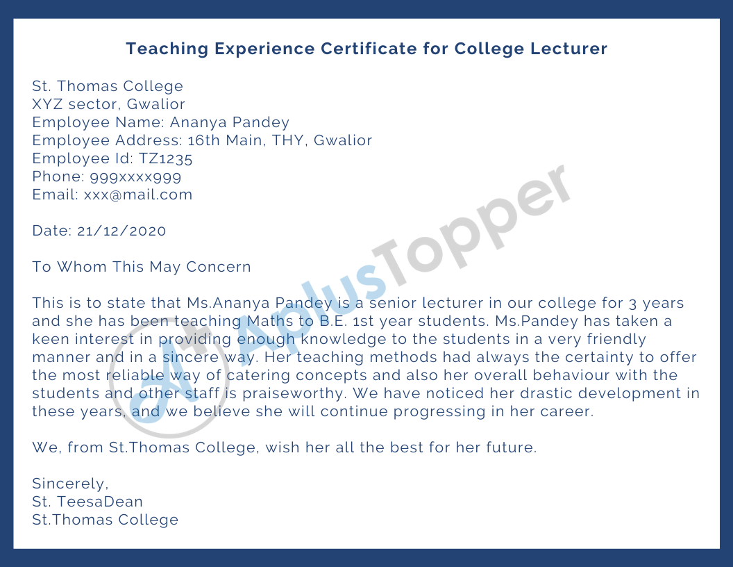 Teaching Experience Certificate for College Lecturer