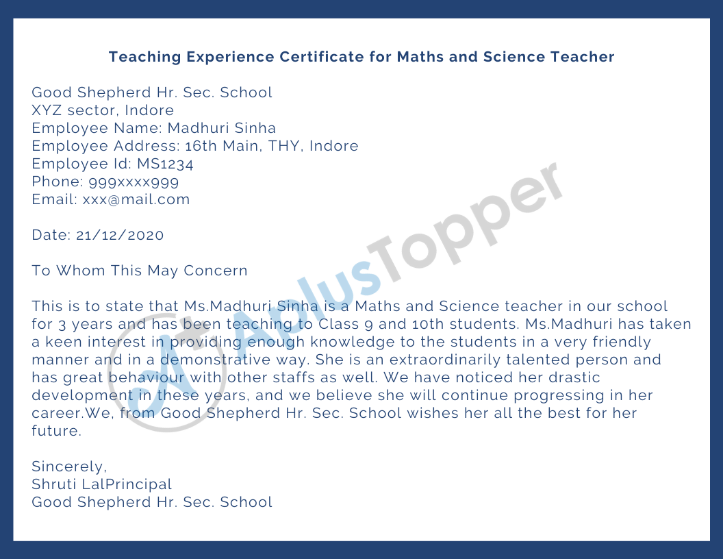 Teaching Experience Certificate for Maths and Science Teacher