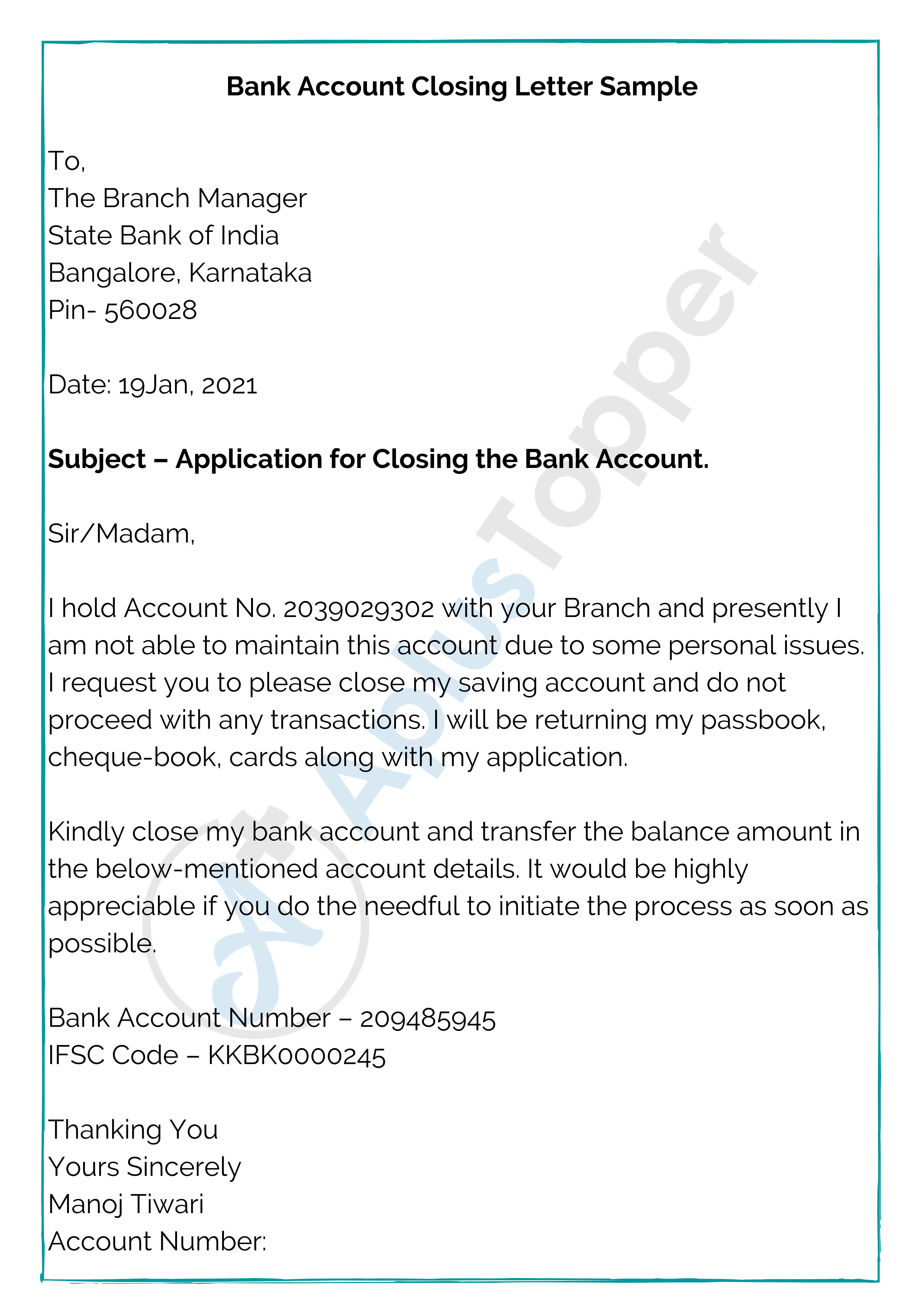 application letter to close the savings account
