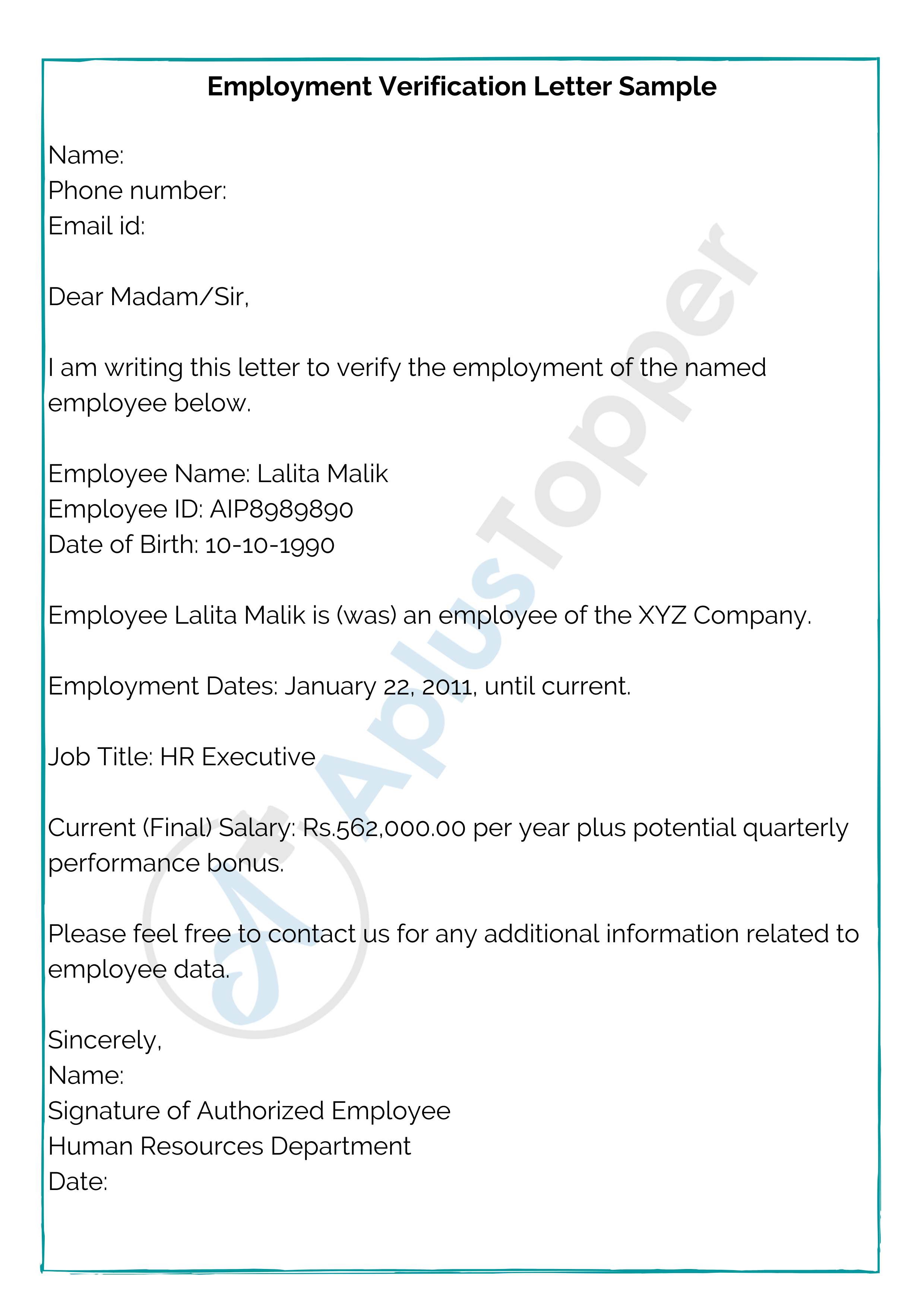 Employment Verification Letter  Format, Sample and Need of