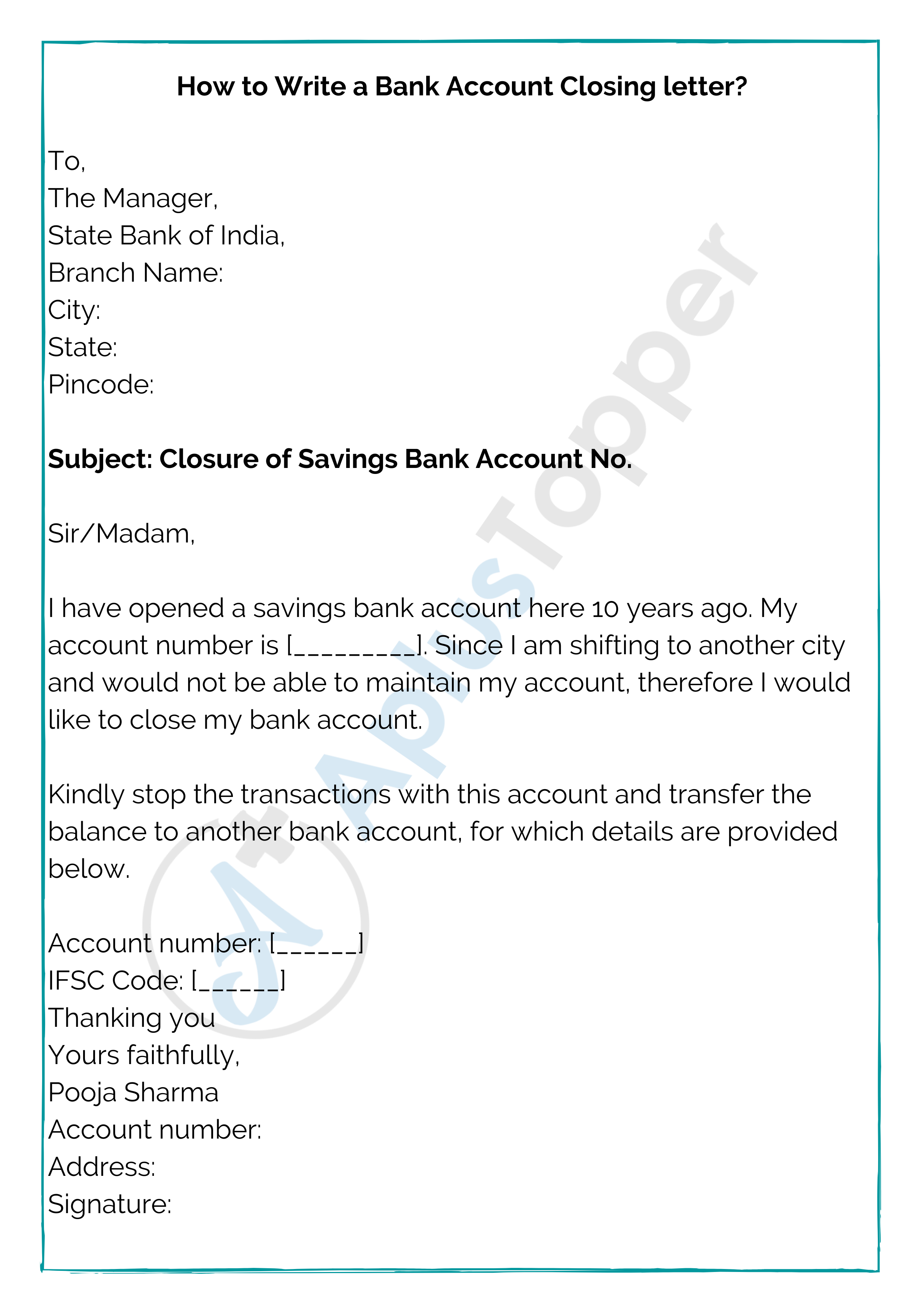 Bank Account Closing Letter  Format, Sample and How to Write a For Account Closure Letter Template