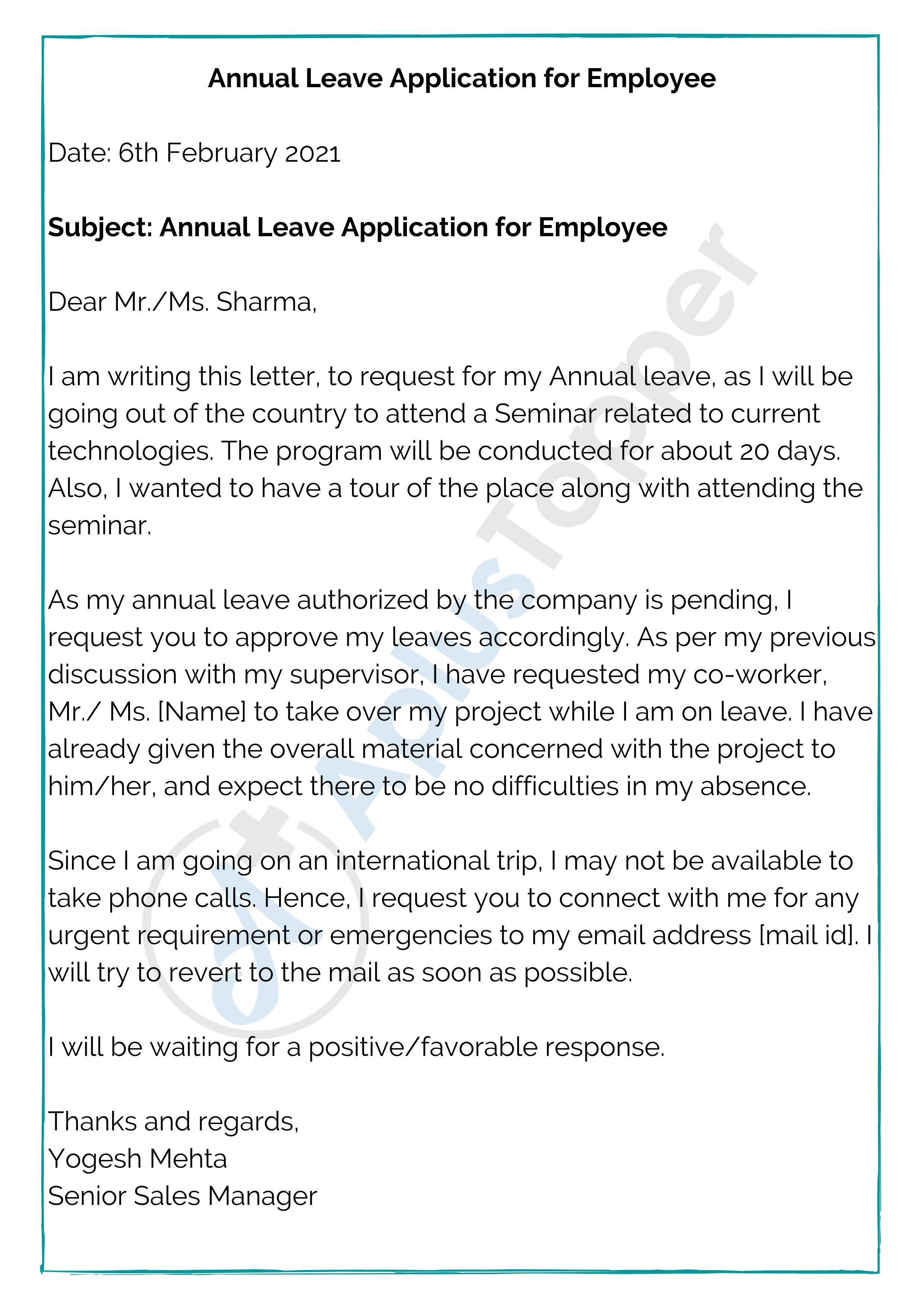 Annual Leave Application  Format, Samples  Annual Leave