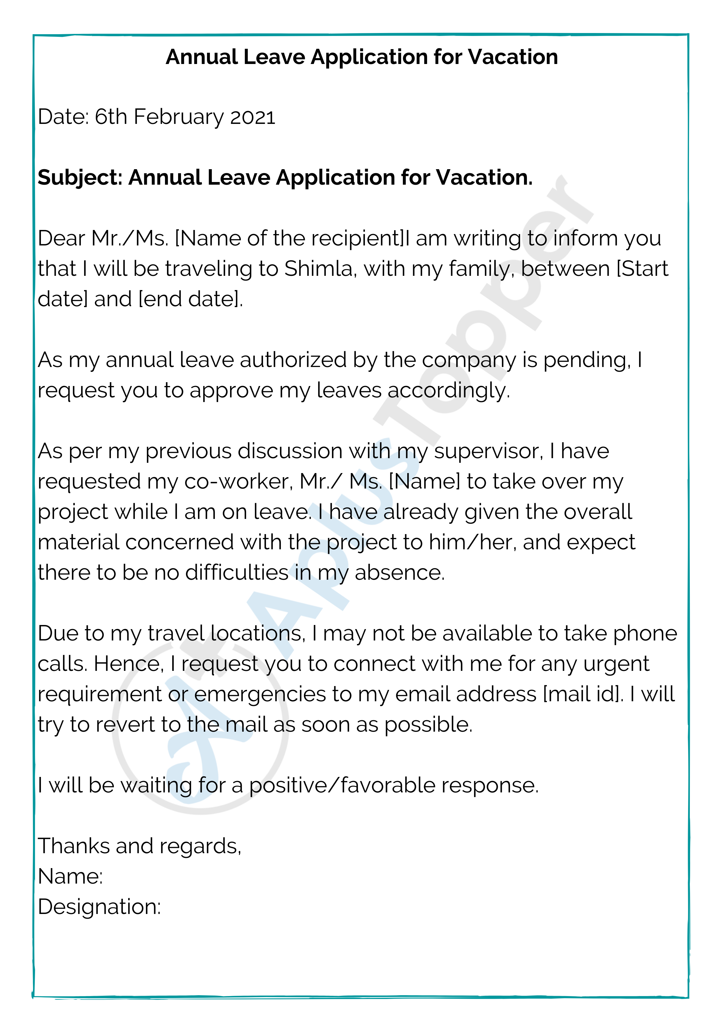 Annual Leave Application  Format, Samples  Annual Leave