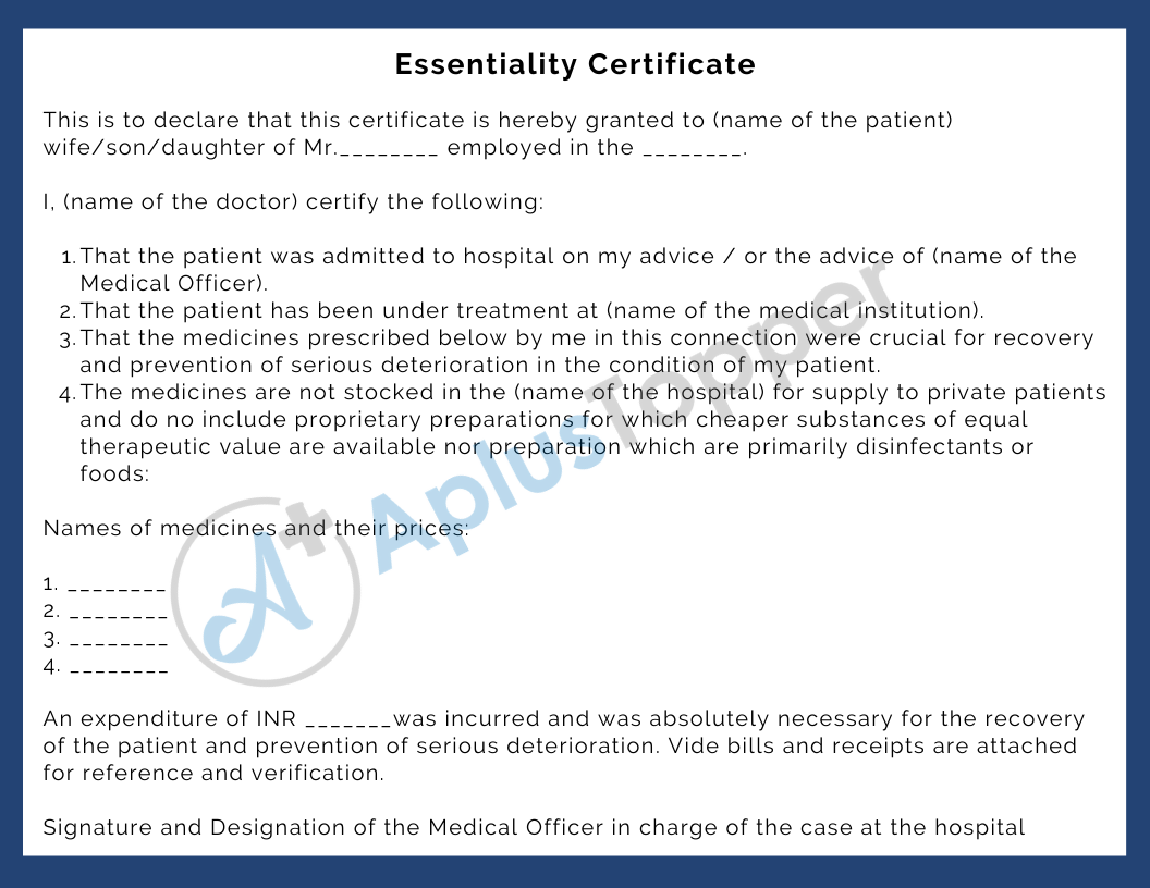 Essentiality Certificate Format