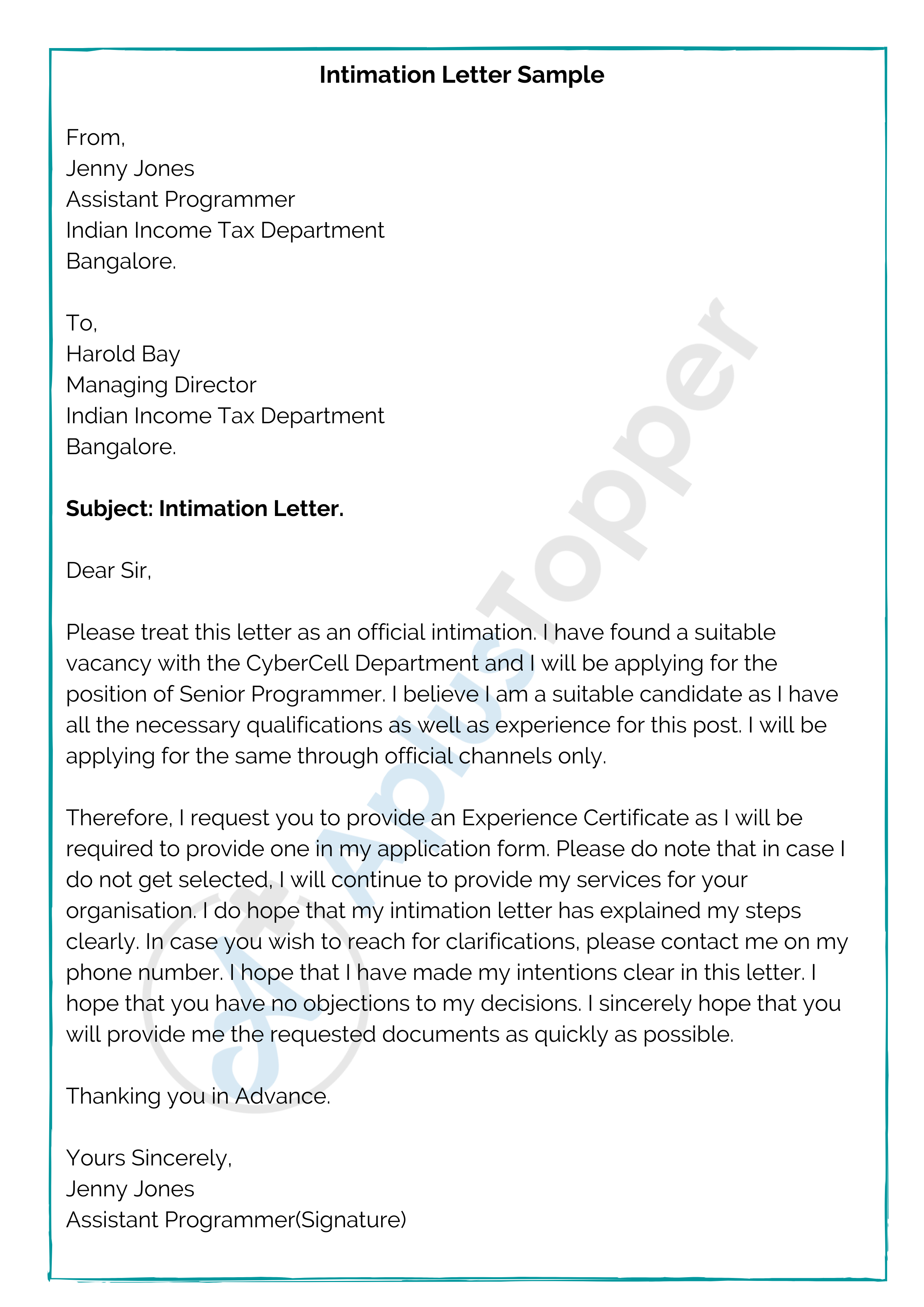 Intimation Letter  Format, Samples, How To Write an Intimation