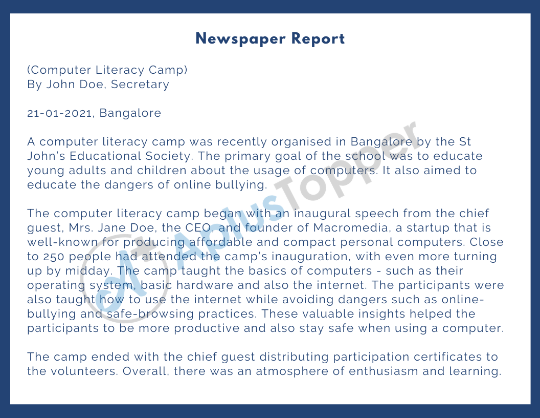 newspaper report writing examples for class 11 isc
