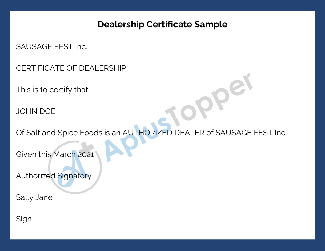 Dealership Certificate Sample