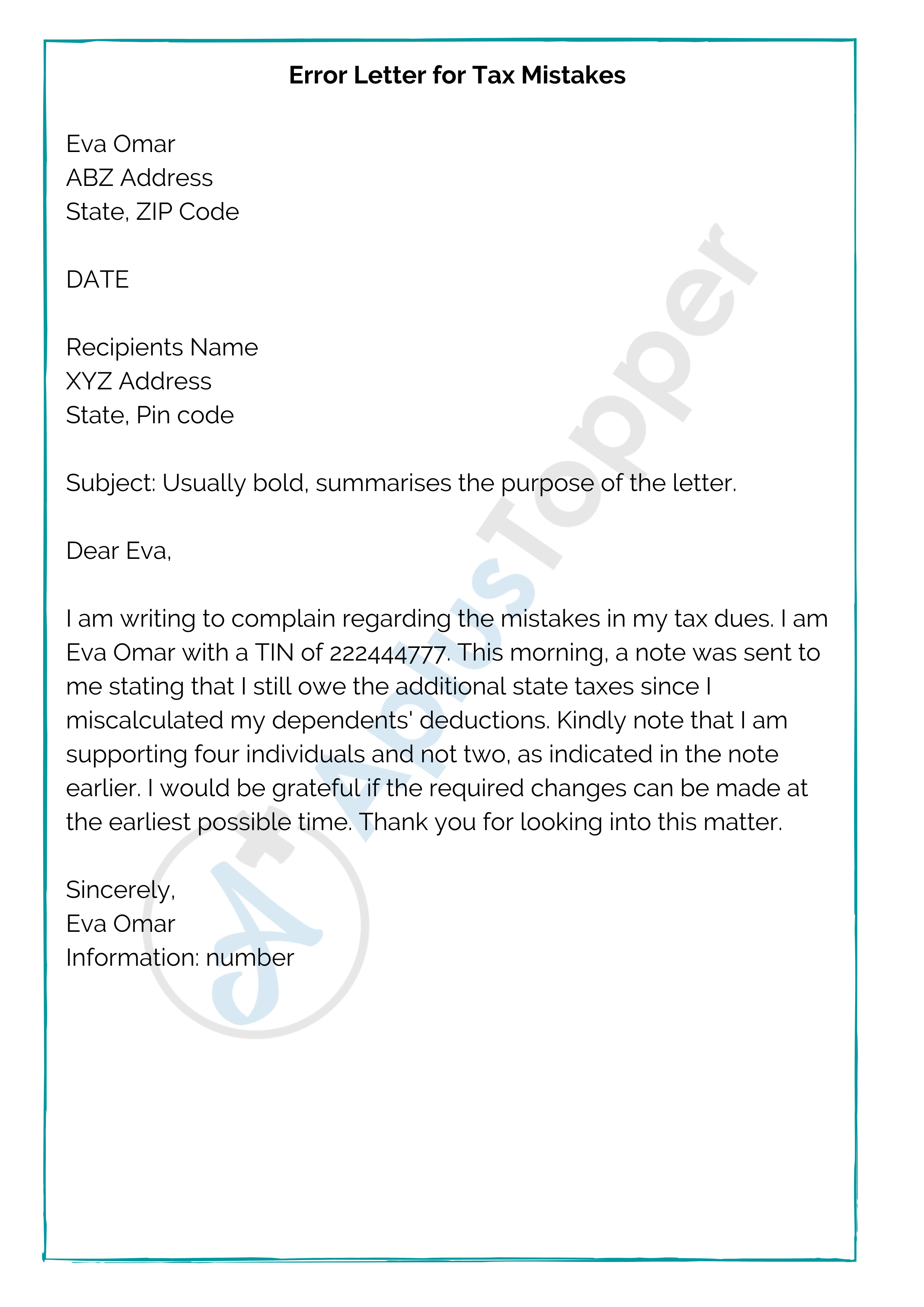 Error Letter for Tax Mistakes