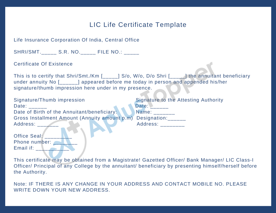 LIC Life Certificate Format