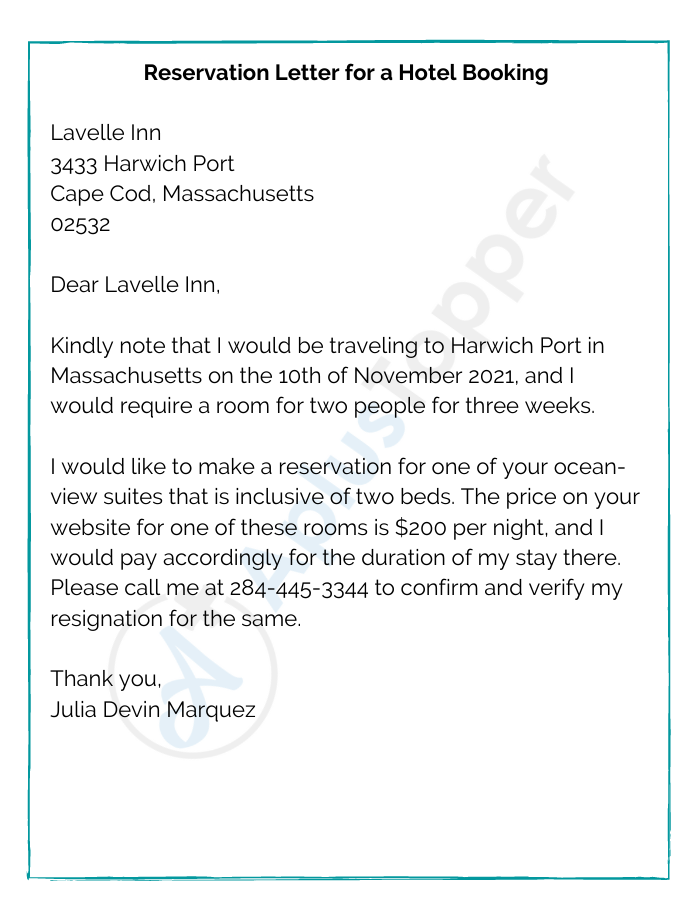 Reservation Letter for a Hotel Booking