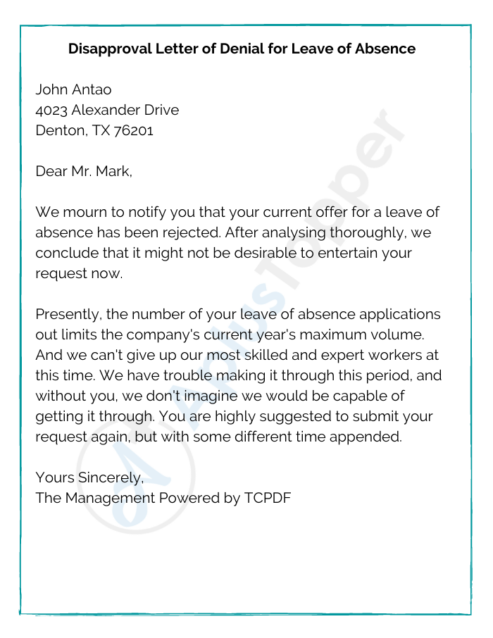 Disapproval Letter of Denial for Leave of Absence 