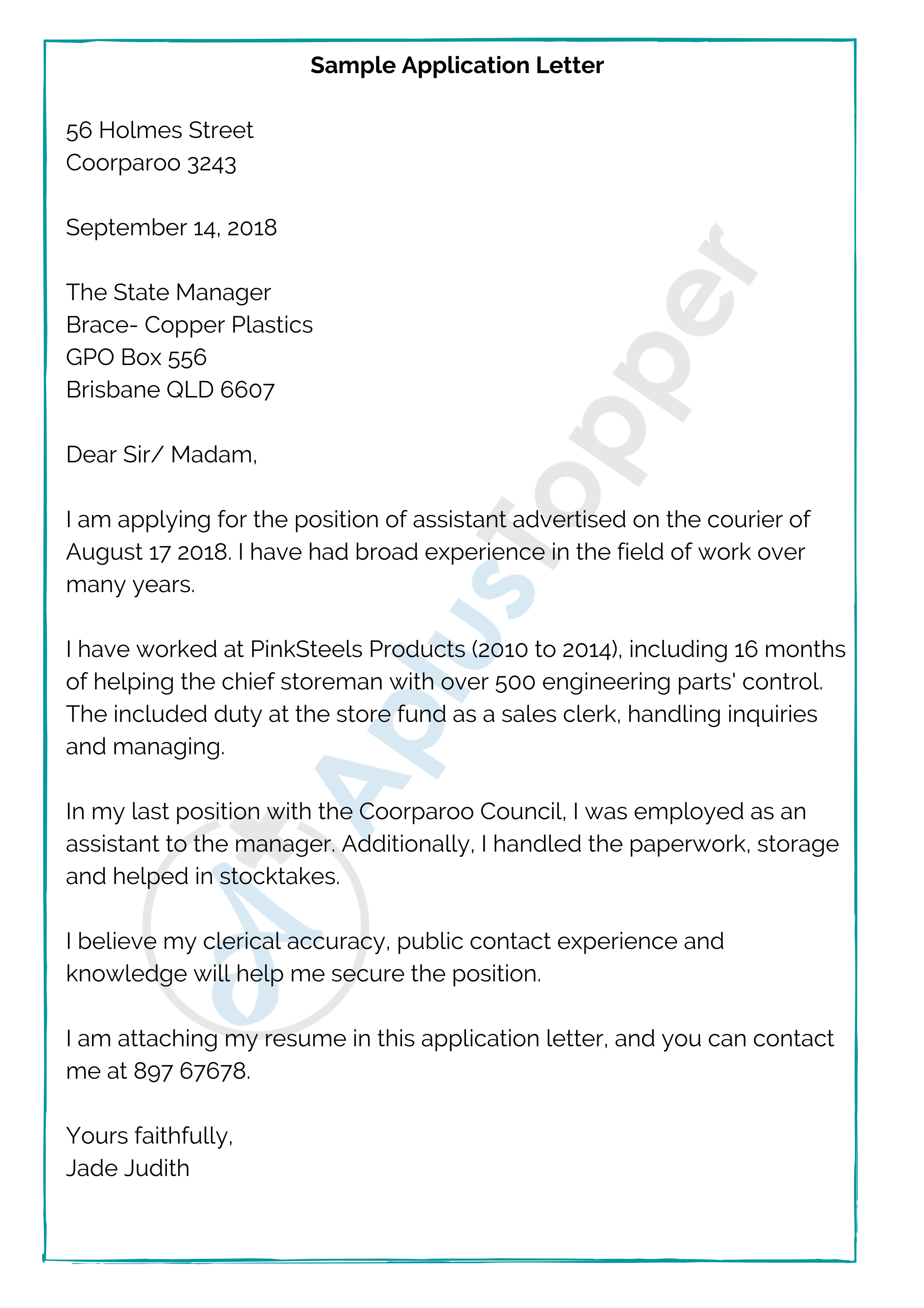 application letter sample business management