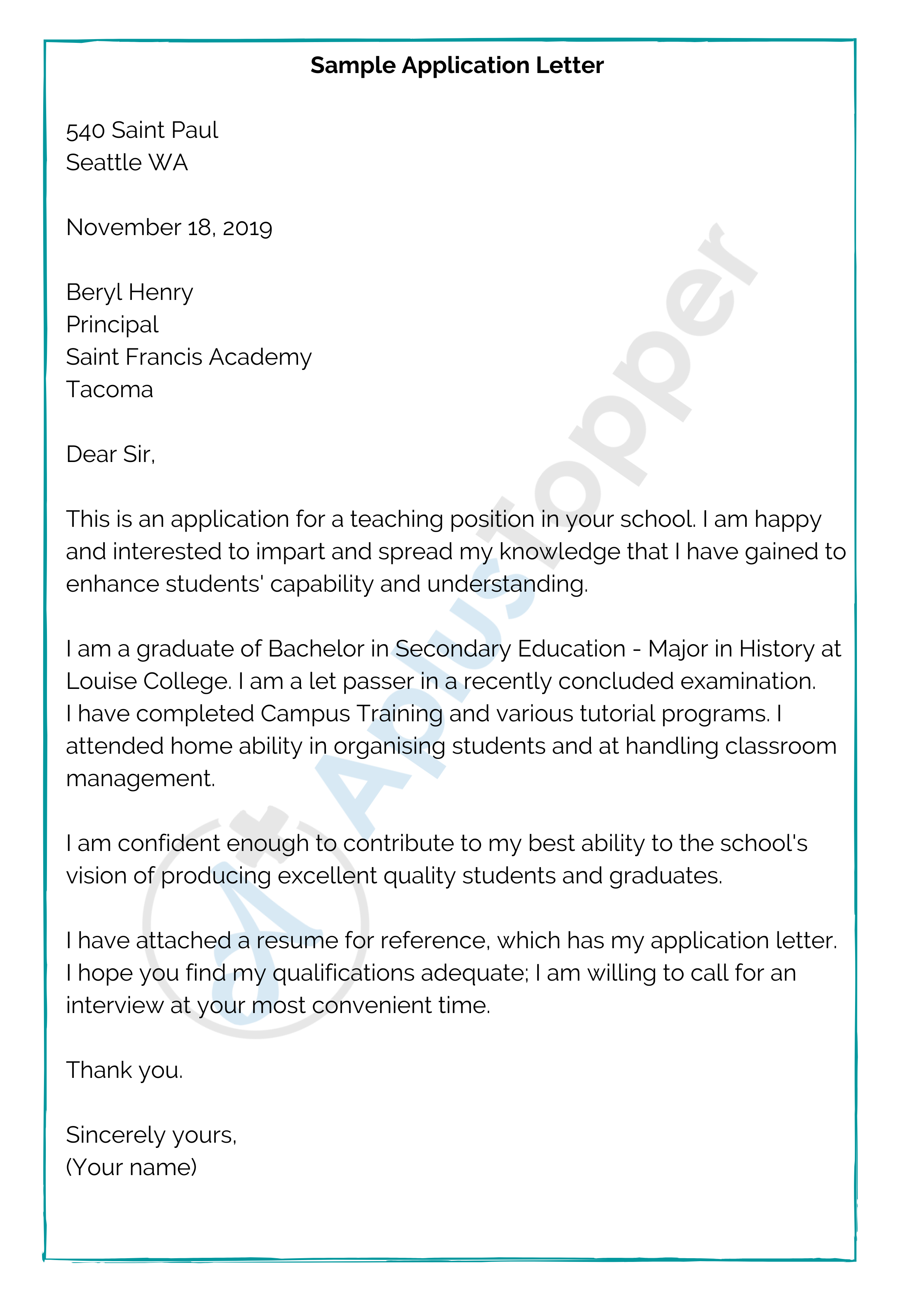example of application letter sample