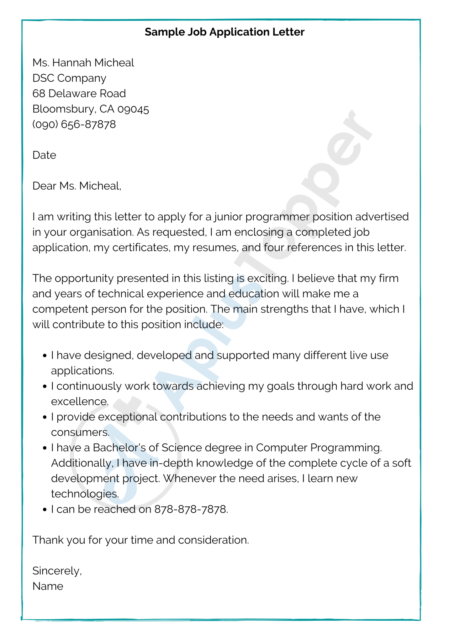 perfect example of an application letter