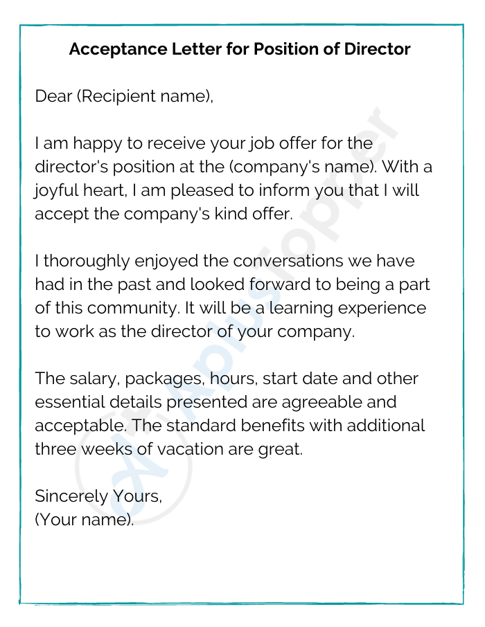 Acceptance Letter for Position of Director
