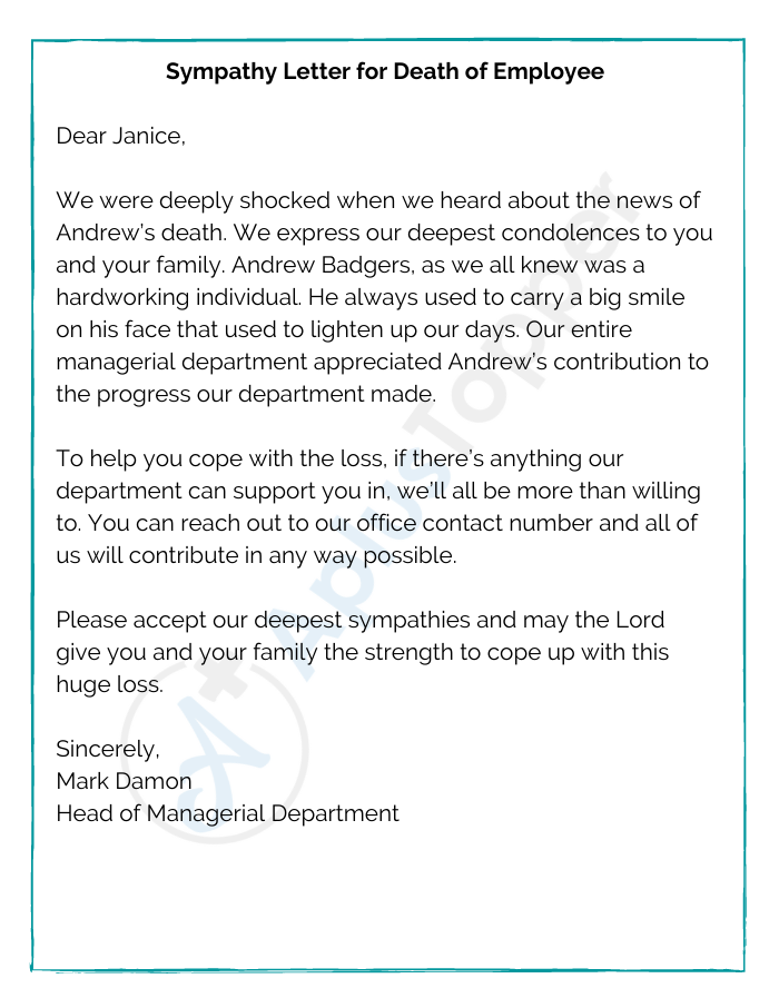 Sympathy Letter for Death of Employee
