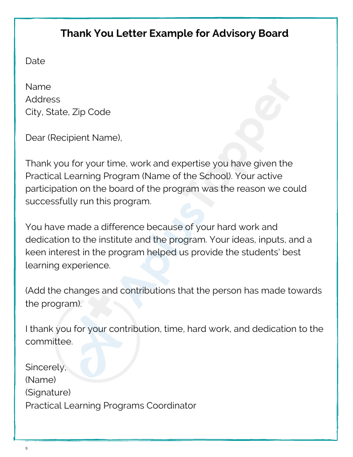 Thank You Letter Example for Advisory Board