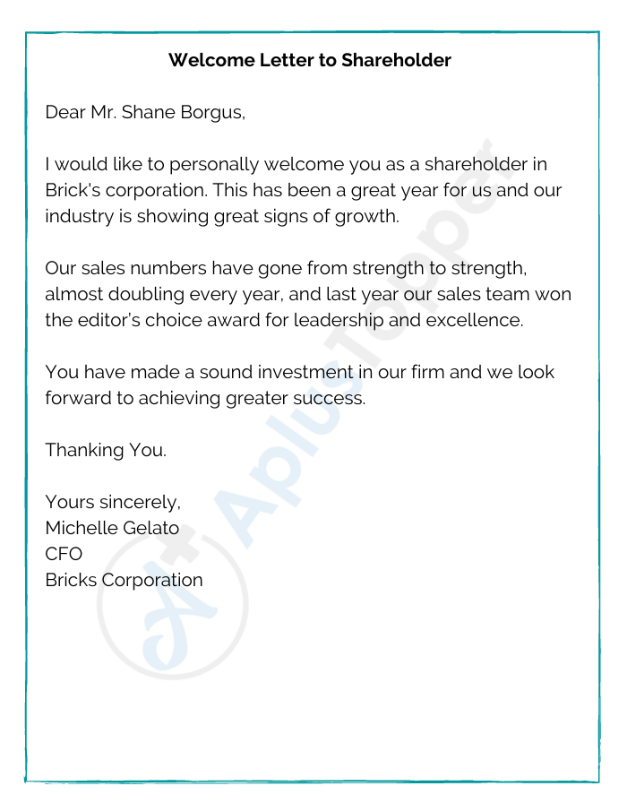 Welcome Letter to Shareholder