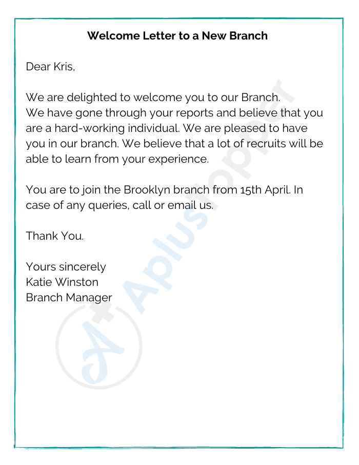 Welcome Letter to a New Branch