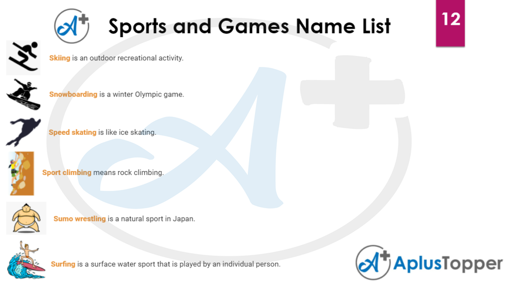 Sports and Games Name List 12