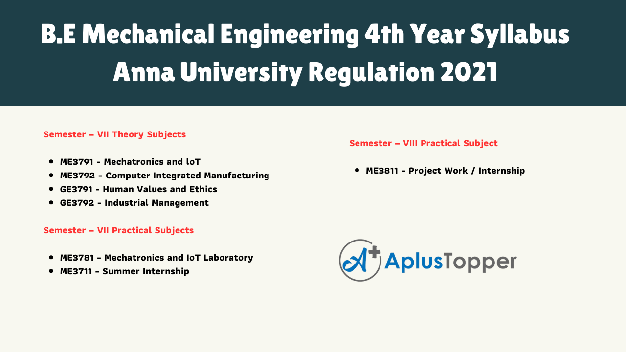 B.E Mechanical Engineering 4th Year Syllabus Anna University Regulation 2021