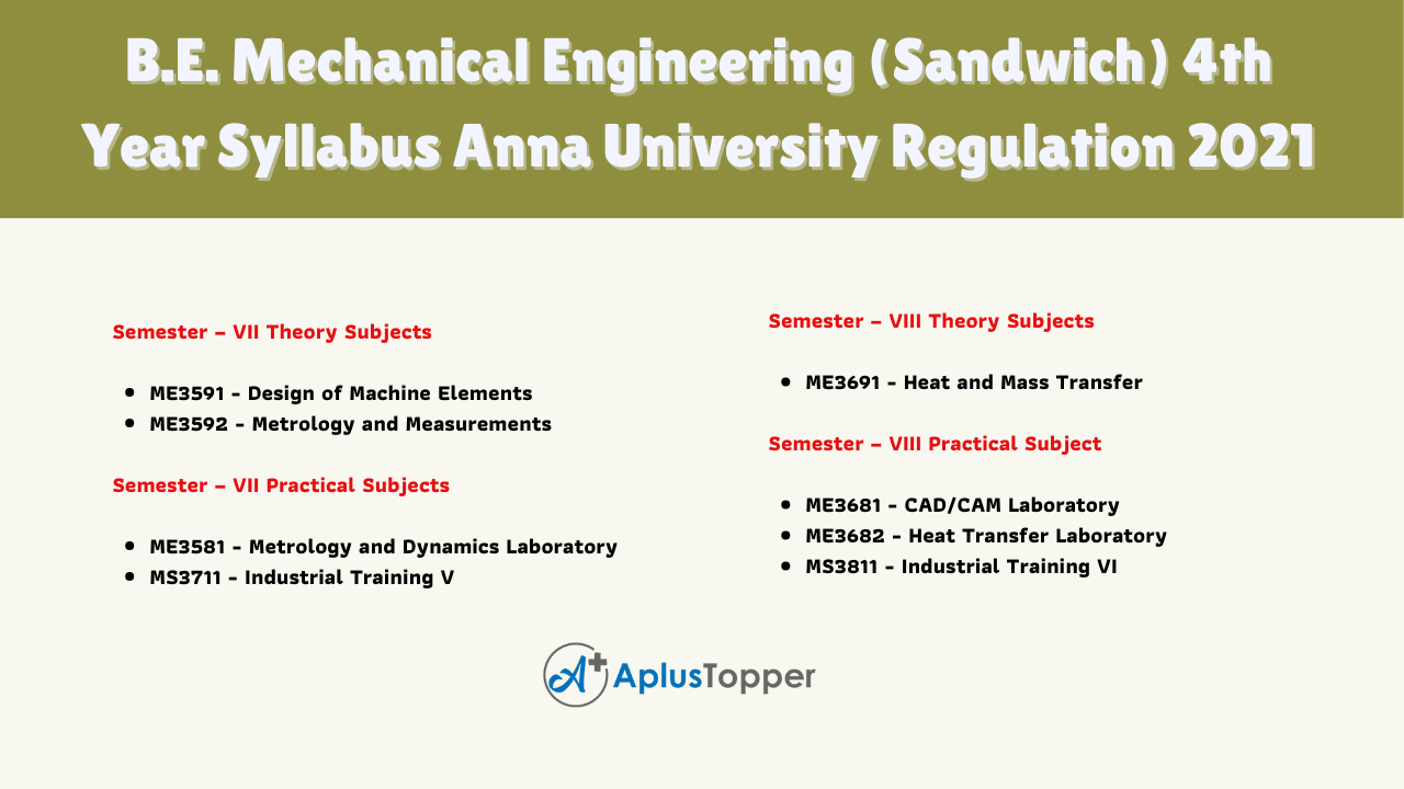 B.E. Mechanical Engineering (Sandwich) 4th Year Syllabus Anna University Regulation 2021