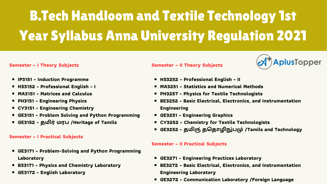 B.Tech Handloom and Textile Technology 1st Year Syllabus Anna University Regulation 2021